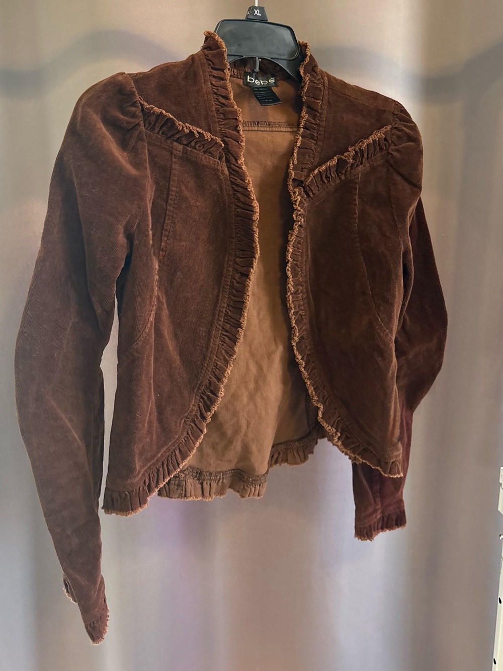 Vintage Bebe Y2K Brown Corduroy Ruffle Trim Cropped Jacket Bolero Small USA